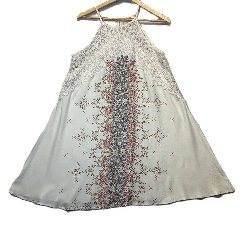 Indigo Rose Boho Lace Halter Dress Cream Embroidered Swing Mini Dress Women’s S